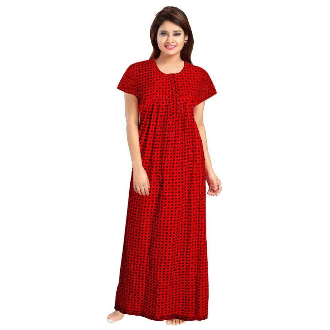 KBNBJ Women's Cotton Printed Night Gown Nighty - Free Size(Red)
