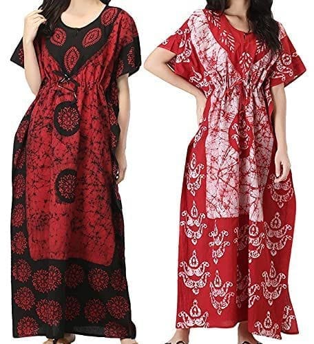 CHARLIE CRYSTALS Women's Caftan/Kaftan Indian Combo 2 Cotton Battik Floral Maxi Nighty Free Size Maroon-White