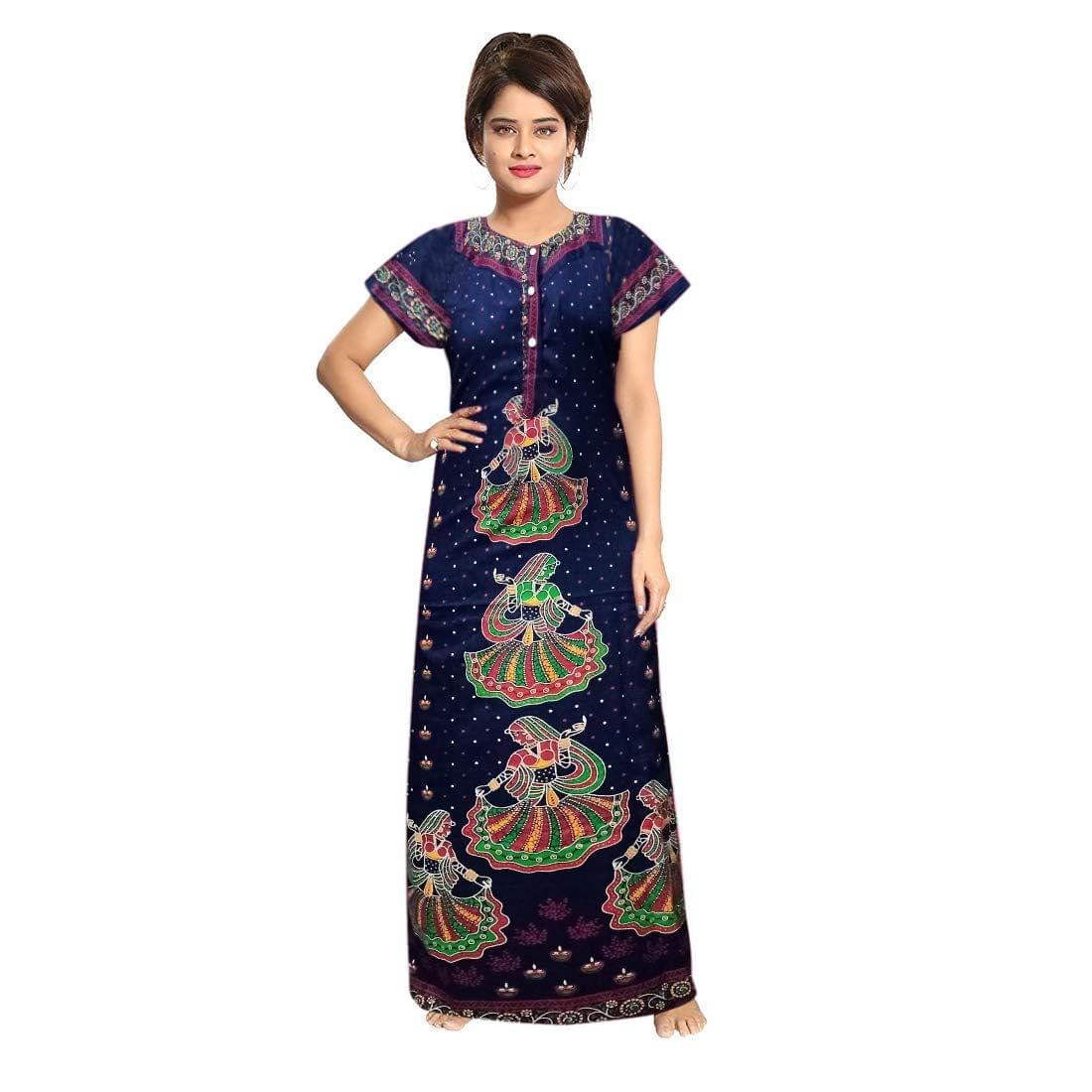 Generic Women's Cotton Printed Maxi Nighty (SR-NTY-105-Dipak-Blue_Blue_Free Size ( 36 TO 44 ) Adjustable)