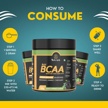 Wel-ark BCAA 2:1:1 Amino Proline | L-Leucine | L-Isoleucine | L-Valine (300 Gram) 60 Scoop (Black Currant Flavour)