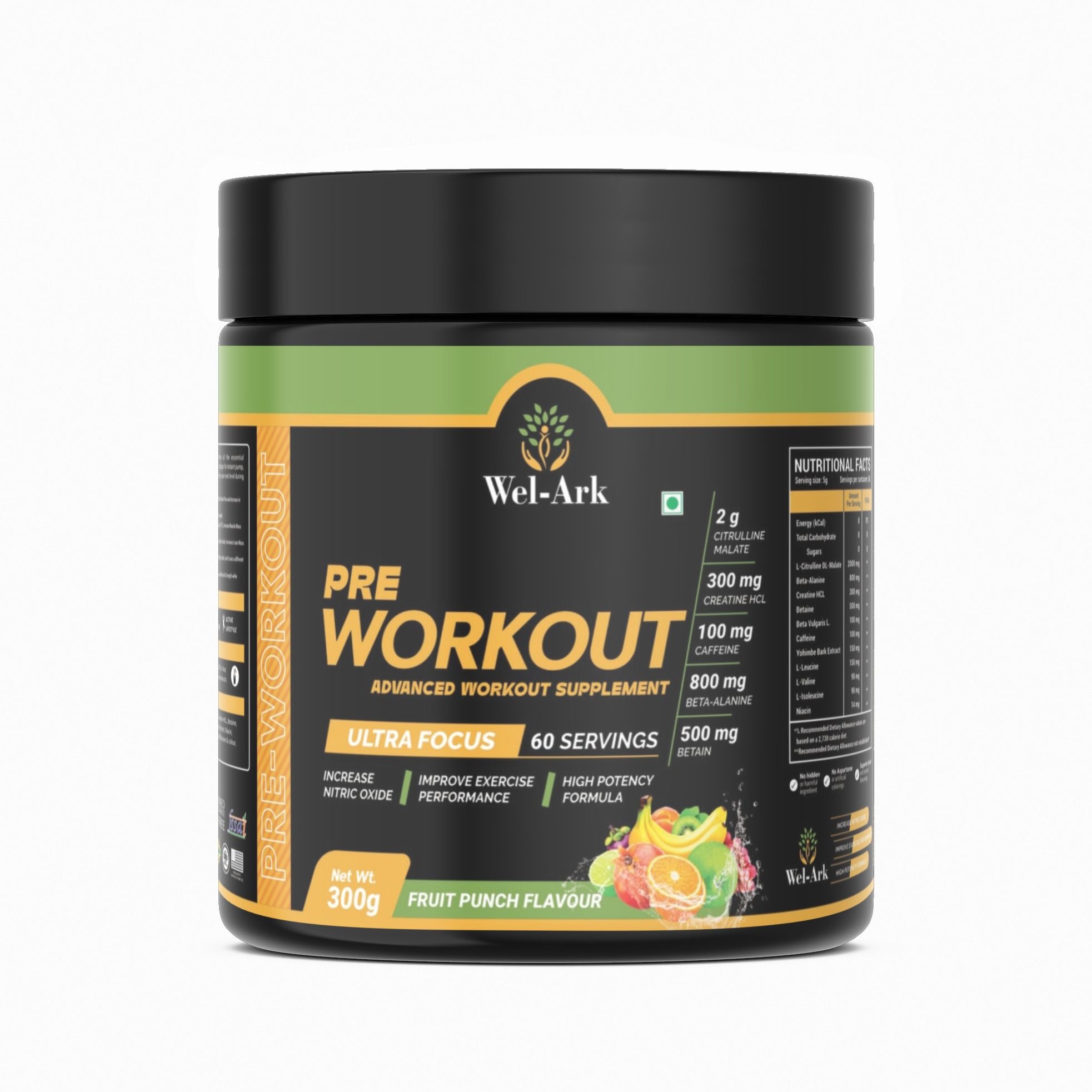 Wel-Ark Pre-Workout | Advanced Workout Supplement| Utra Focus|Caffine|300G| 60 Servings (Fruit Punch)