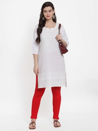 Sacrifice Women's White Chicken Embroidery Cotton Kurta with Red