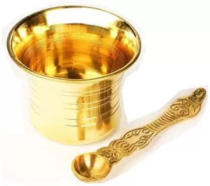 DOKCHAN indian traditional handcraft Brass panchapatra set Panchapatra with spoon use for ganga jal, pooja, temple, and panchapatra use for diwali festival/golden color panchapatra (Size - 7cm)