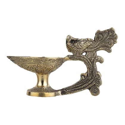 DOKCHAN Pure Brass Peacock Design Aarti Diya for Use Temple/Home Temple/Office Golden Color Peacock Art Table Diya Stand