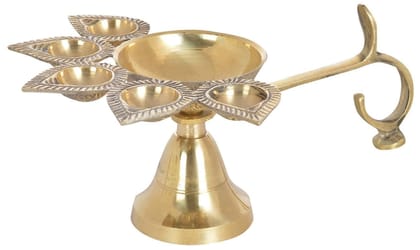 DOKCHAN Pure Brass Panch Aarti Lamp Pancharti Diya Oil Lamp Puja Aarti Diya Panch Mukhi Aarti Deepak Oil Lamp Puja Accessory for Gifting and Religious Purpose 5 Face Brass Diya Lamp
