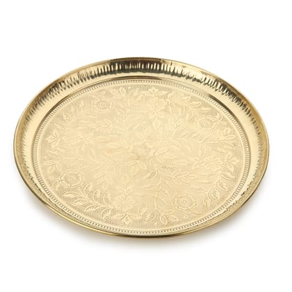 DOKCHAN Handmade Pure Brass Puja Thali with Flower Embossed Design (Gold, Inch)