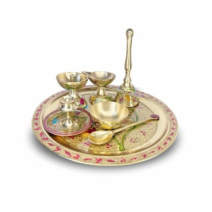 Dokchan Traditional Handcrafted Brass Pital Puja Thali Aarti Bartan Plate Set of 7 Piece for Mandir Pooja Room Home Temple 9 Inch Round Golden
