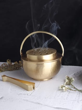 Dokchan Home Brass Dhuna Loban Burner Dhooni Dhoop Dani Dhuni Decorative Antique lobandan, insence Burner with Brass Chimta Or Brass Bowl (Weight : 300gm | 8.89cmx12.7cm)