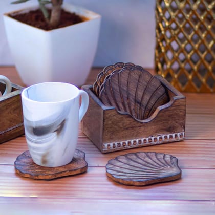 Kezevel Wooden Coasters Mango Wood- Artistically Handcrafted Seashell Design - Set of 6 with Holder for Serving - Coaster Plate Size 11X9 CM