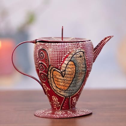 Kezevel Metal Candle Holder - Hand Painted Matte Red Finish Aladdin Lamp Shaped Candle Holder for Home Decoration, Room Decoration, Size 17.5X11X14 CM