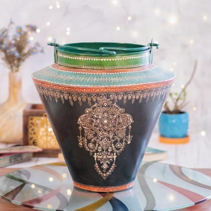 Kezevel Metal Decorative Floor Vase Pot - Antique Green and Blue Handcrafted Vases for Living Room Corner, Metal Pot for Home Decor, Size 40X40X39 CM