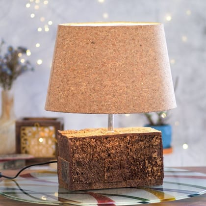 Kezevel Cork Decorative Table Lamp - Natural Cork Brown Conical Shade with Rectangle Base Bedside Table Lamp, Desk Lamp, Side Lamp, Size 37X37X45 CM
