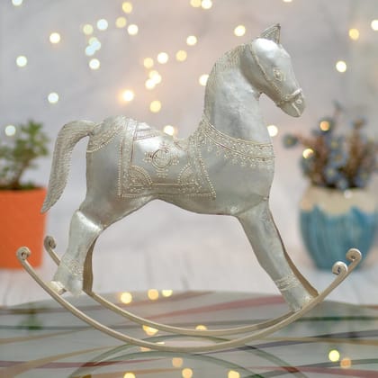 Kezevel Metal Horse Table Decor - Antique Silver Handcrafted Rocking Horse Statute for Home Decor, Showpieces for Living Room, Size 38.5X10X38 CM