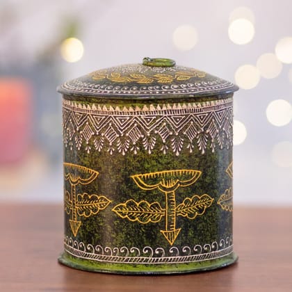 Kezevel Metal Decorative Storage Box - Round Antique Green Handcrafted Trinket Box, Jewelry Box, Metal Stash Box, Treasure Box, Size 12X12X15 CM