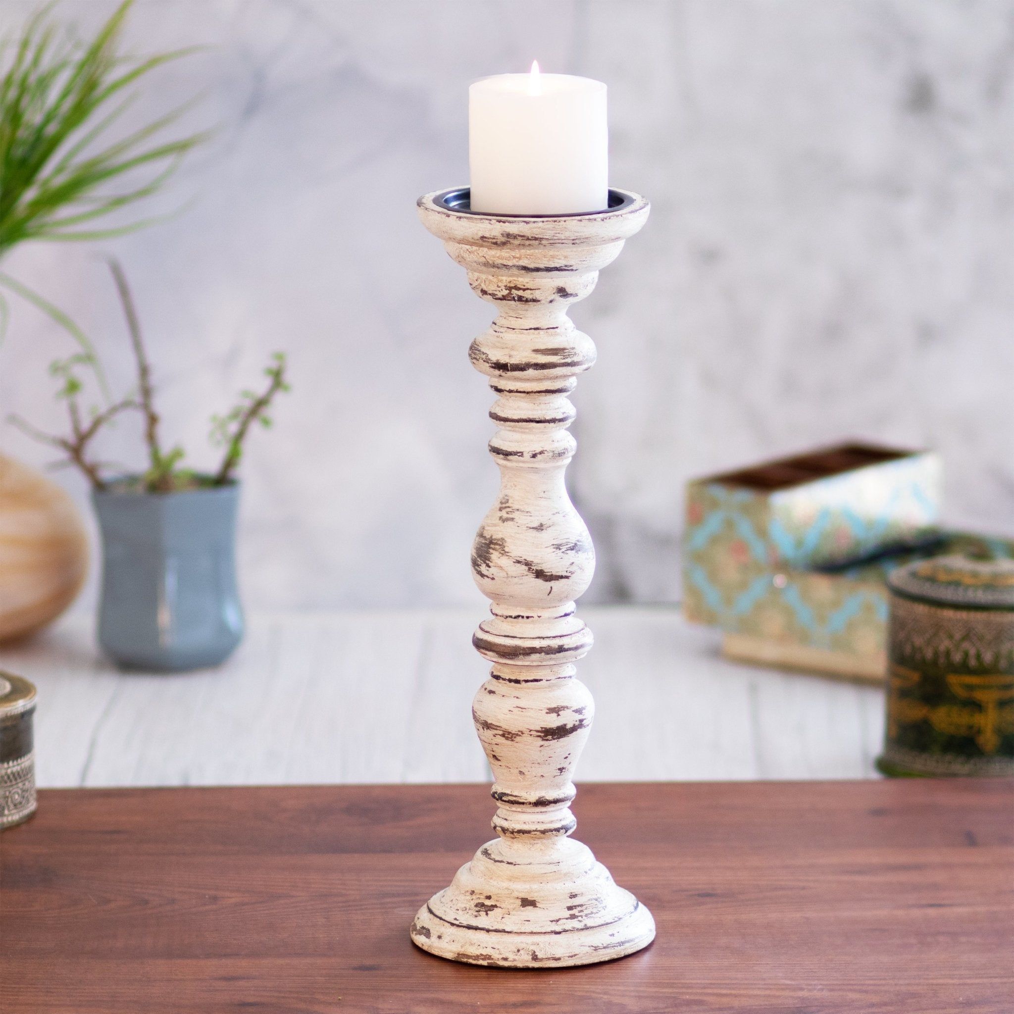 Kezevel Wooden Candle Stand-Artistic Ivory & Brown Antique Mango