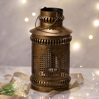 Kezevel Jaisalmeri Mehrab Art Antique Golden Chrome Burni Lantern with Candle Diya Holder