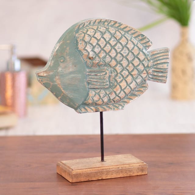 Kezevel Wooden Fish Table Decor - Blue and Brown Showpieces for