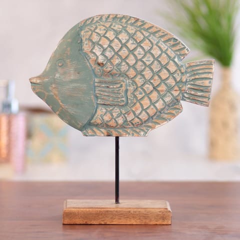 Kezevel Wooden Fish Table Decor - Blue and Brown Showpieces