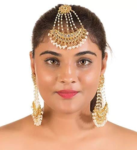 Abhaah Kundan Pearl Gold Platted Long jhumar Wedding Passa maang Tikka and Earrings Set for Women Girls