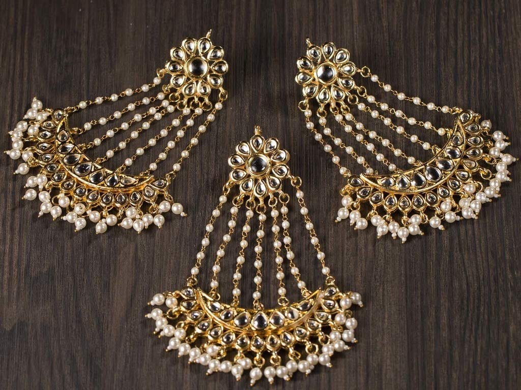 Abhaah Kundan Pearl Gold Platted Long jhumar Wedding Passa maang Tikka and Earrings Set for Women Girls