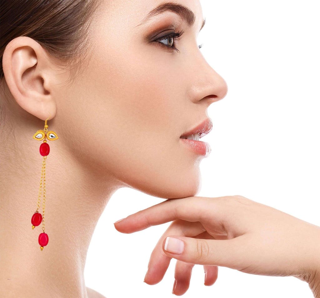 Cute handcrafted indo western pink Butterfly pearl Kundan long chain Earrings for women