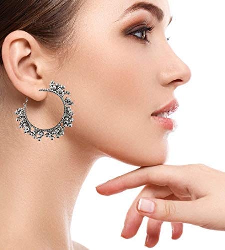 Abhaah oxidized silver Afghani ghungroo hoop earrings for girls and women