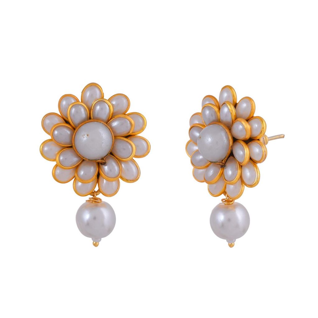 Abhaah Women's Handmade Polki Pachi Flower Kundan Brass Pearl Stud Top Fancy Daily Office Work Wear Casual Wear Earrings (Off-White, gold)