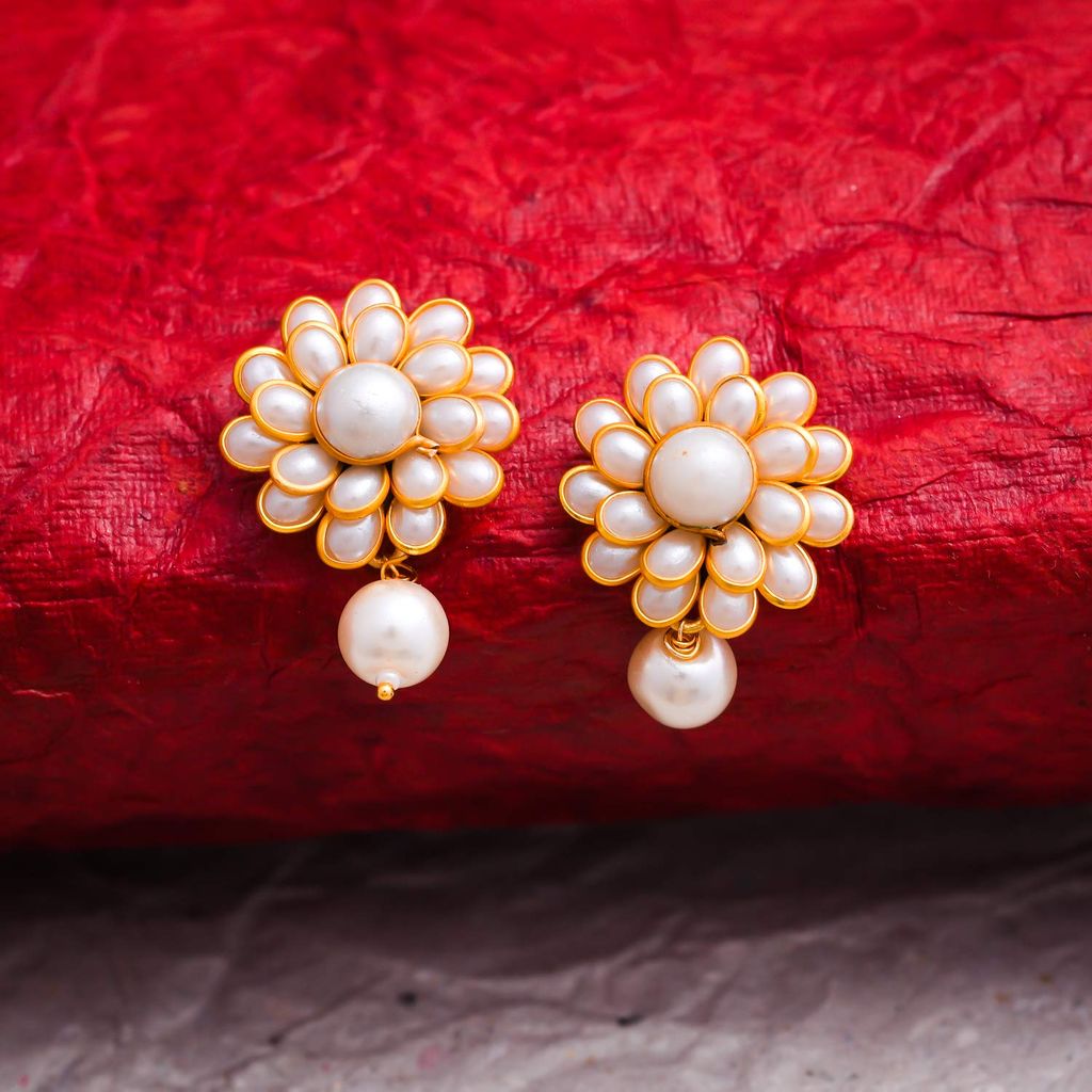 Abhaah Women's Handmade Polki Pachi Flower Kundan Brass Pearl Stud Top Fancy Daily Office Work Wear Casual Wear Earrings (Off-White, gold)