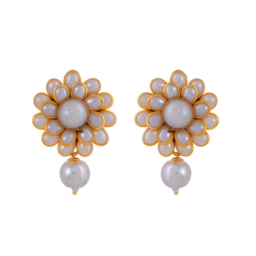 Abhaah Women's Handmade Polki Pachi Flower Kundan Brass Pearl Stud Top Fancy Daily Office Work Wear Casual Wear Earrings (Off-White, gold)