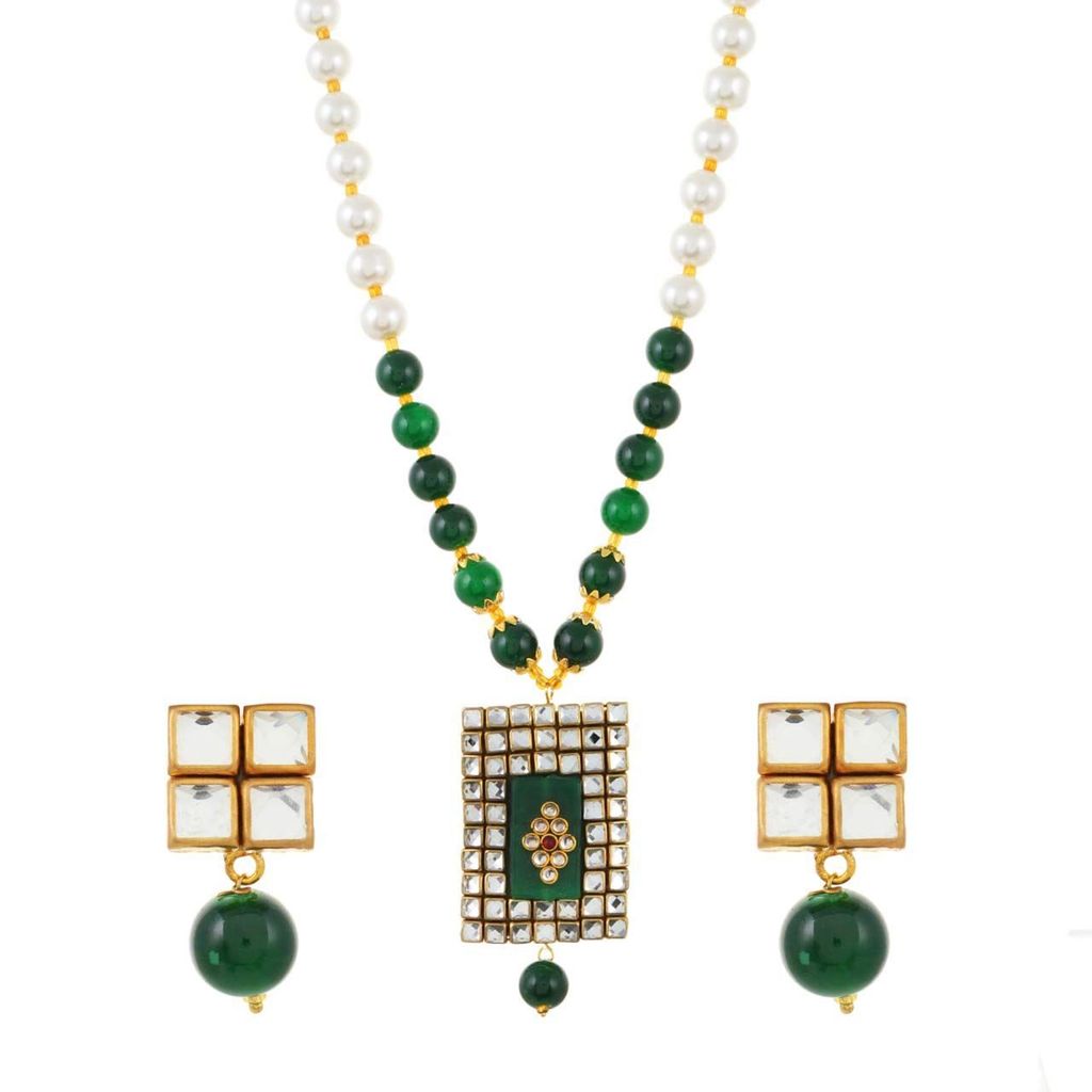 Abhaah kundan Jewelry pendent Necklace and Stud Earrings Green Onyx Beads Stone Jewellery Set for Women