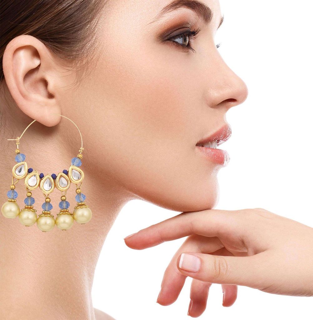 Abhaah Exclusive Rajasthani blue stone kundan meenakari indo western hoop pearl fancy party wear stylish Earrings for women and girls