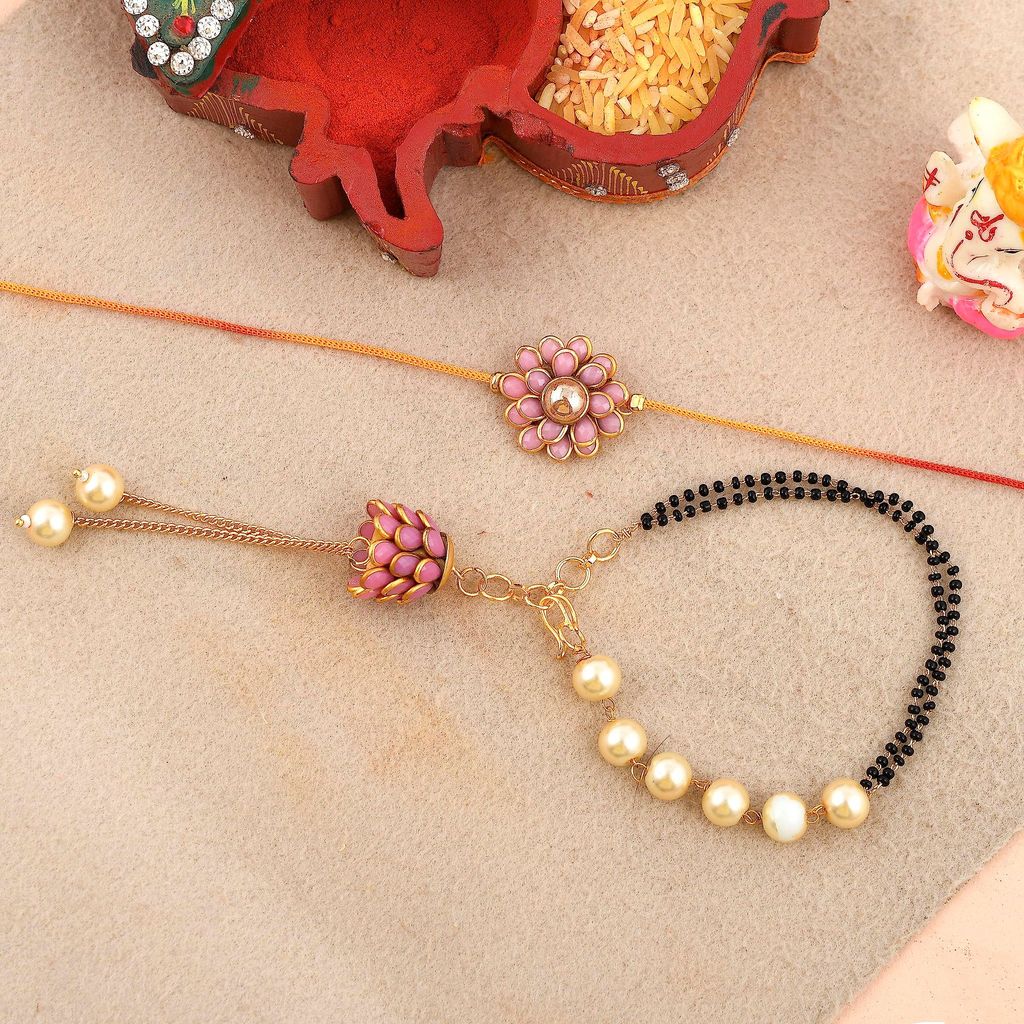 Exquisite Rakhi for Brother and Bhabhi Lumba Floral Rakhi Kundan Bracelet Rakhi for Bhaiya Bhabhi Raksha bandhan Couple Pearl Rakhi Set of 2 Included!