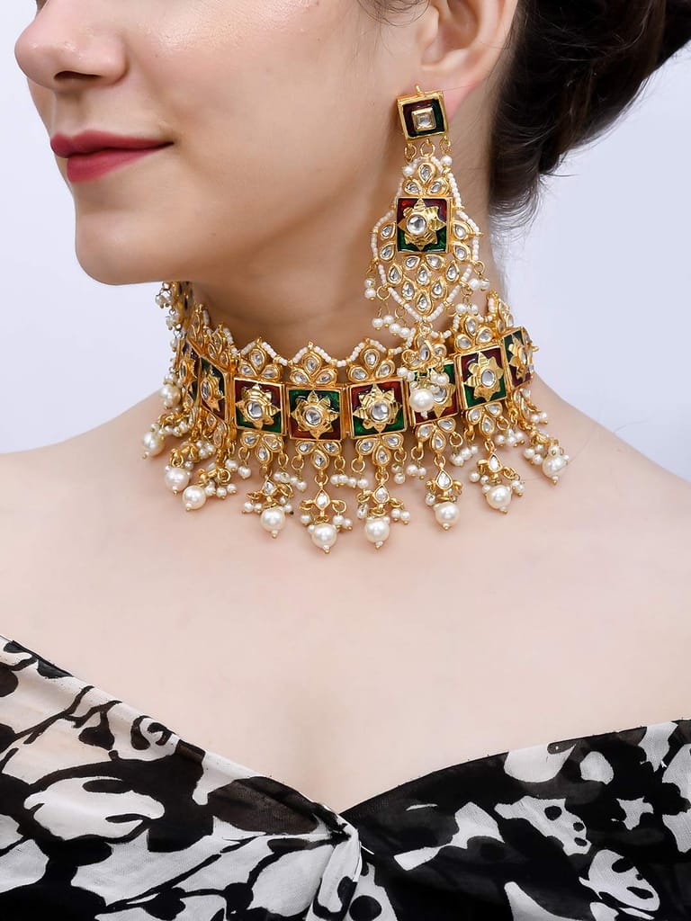 Abhaah Gold Plated Kundan Pearl Fancy Choker Necklace Set Traditional Jewellery Set with Earrings for Women & Girls