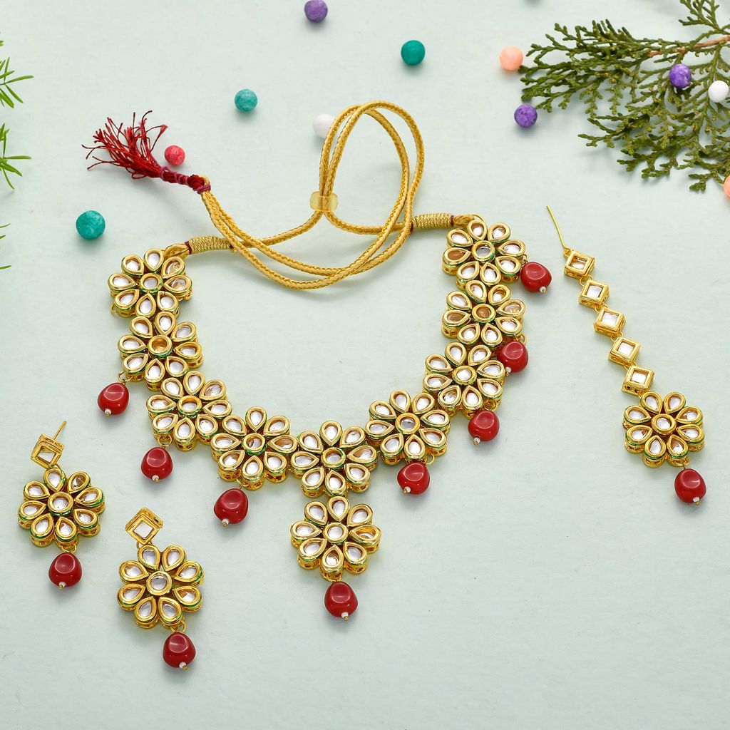 Abhaah Gold Plated Kundan Pearl Fancy red Choker Necklace Set Traditional Jewellery Set with Earrings for Women & Girls