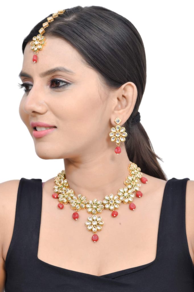 Abhaah Gold Plated Kundan Pearl Fancy red Choker Necklace Set Traditional Jewellery Set with Earrings for Women & Girls