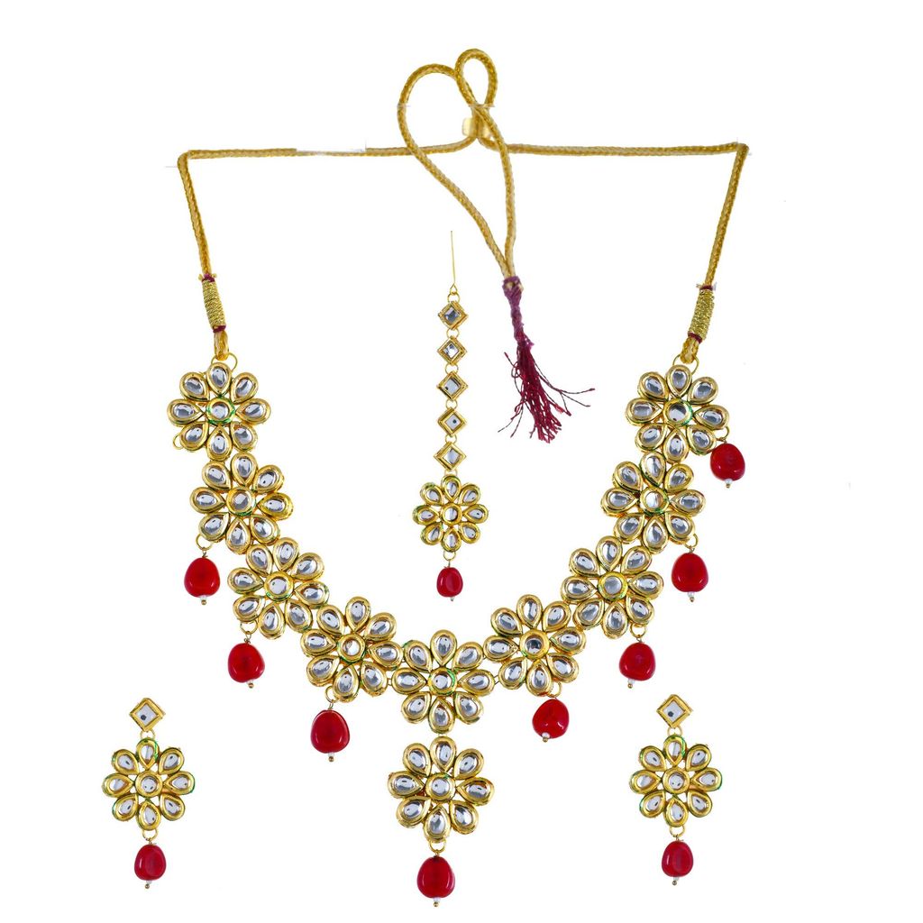 Abhaah Gold Plated Kundan Pearl Fancy red Choker Necklace Set Traditional Jewellery Set with Earrings for Women & Girls