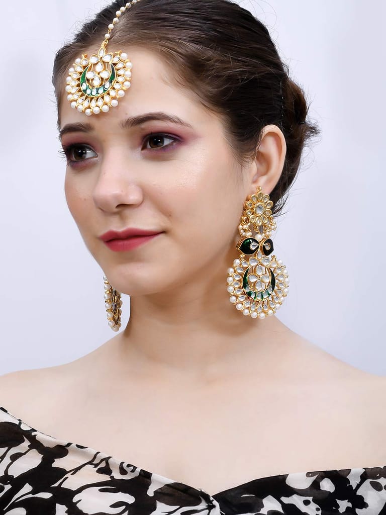 Abhaah Gold Plated kundan meenakari Bridal Traditional chandbali Stylish Pearl maang Tikka and Earring Set for Wedding for Women