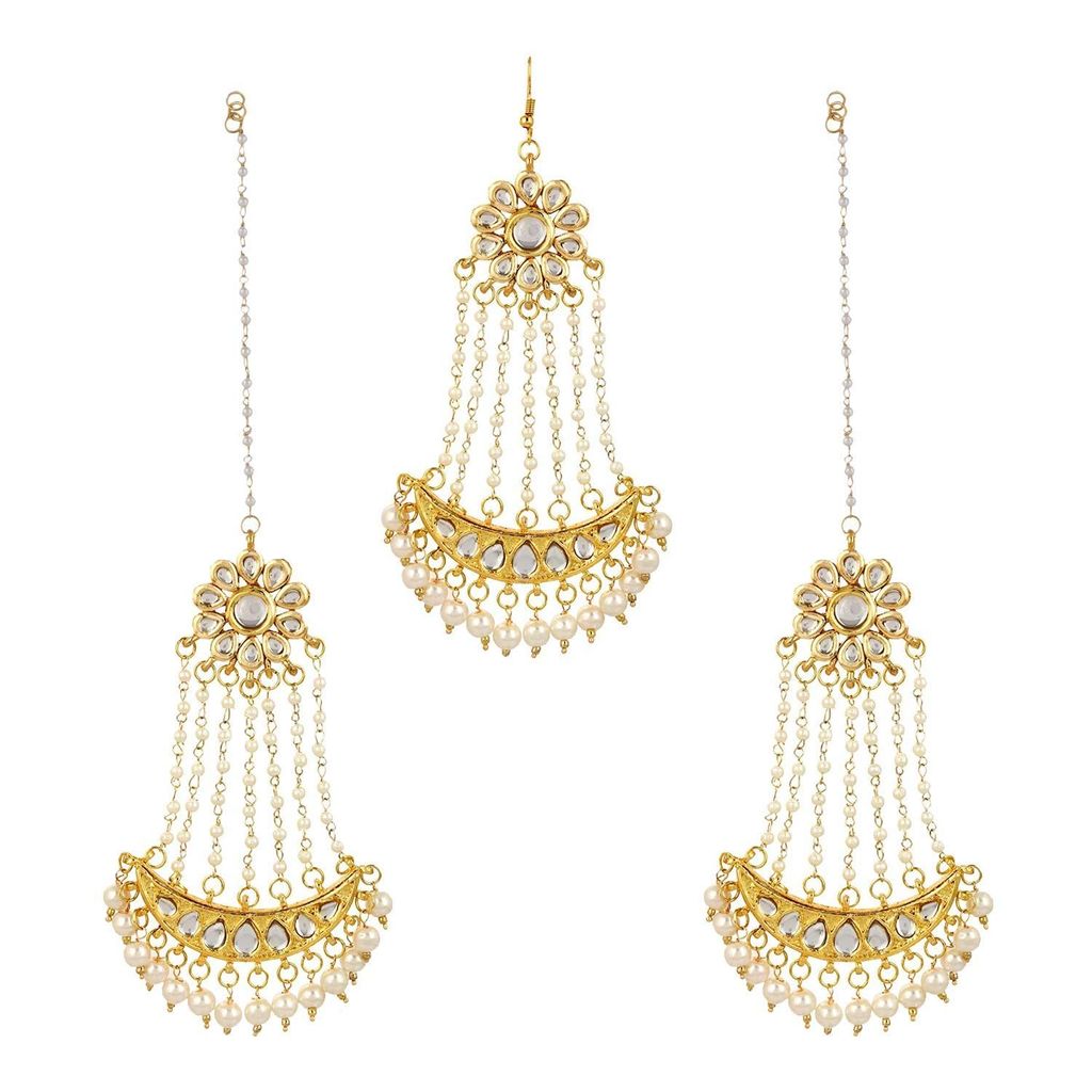 Abhaah Gold Plated kundan meenakari Bridal Traditional chandbali Stylish Pearl jhoomar passa maang Tikka and Earring Set for Wedding for Women