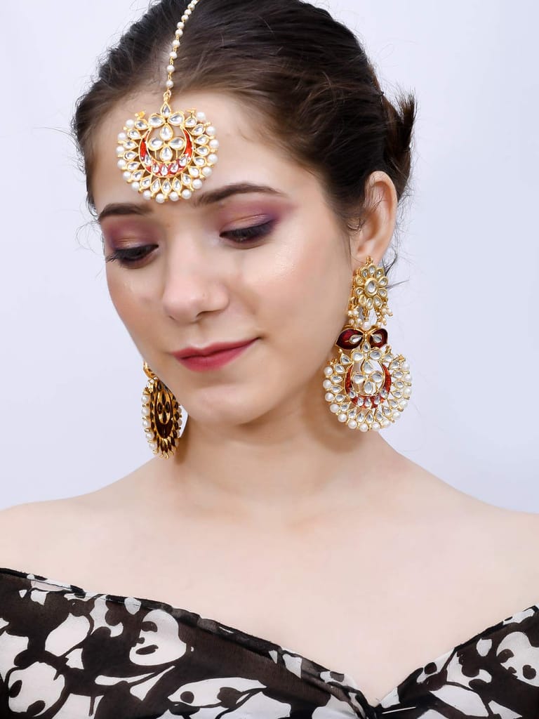 Abhaah Gold Plated kundan meenakari Bridal Traditional chandbali Stylish Pearl maang Tikka and Earring Set for Wedding for Women