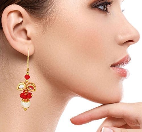 Abhaah Cute red handmade Butterfly indo western pearl crystal Kundan long fancy party wear hoop clip on Earrings for women and girls