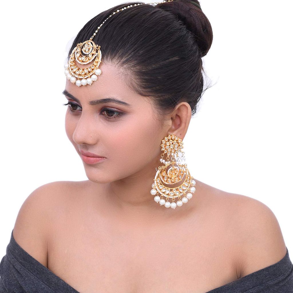 Abhaah Flower Gold Plated kundan meenakari chandbali Bridal Traditional Stylish Pearl maang Tikka and Earring Set for Wedding for Women