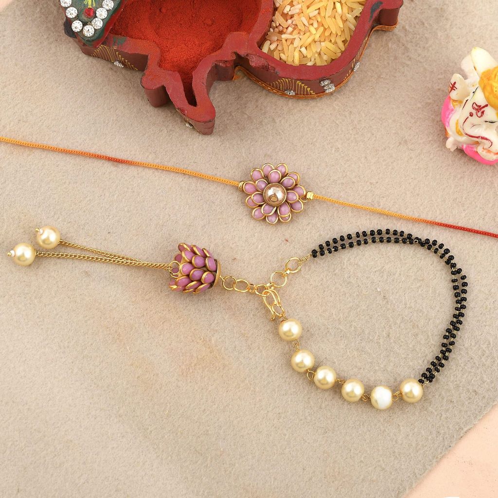 Abhaah Bhaiyaa bhabhi mangalsutra Kundan lumba Rakhi combo set