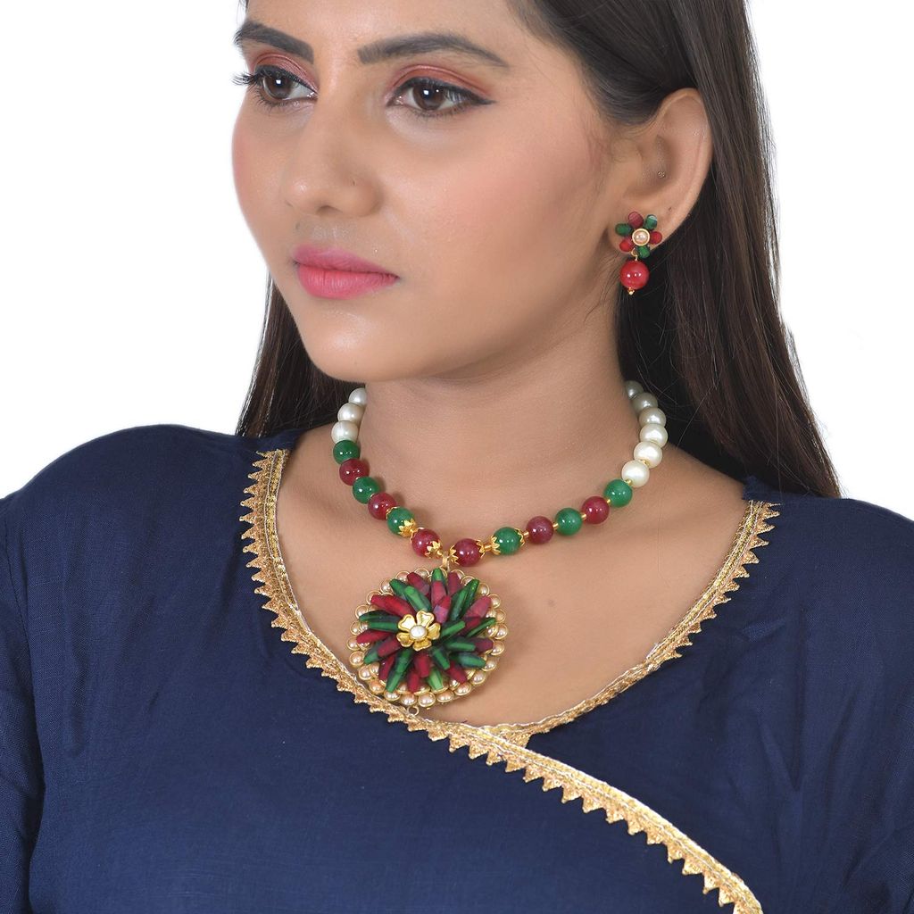 Abhaah kundan Jewelry Rajasthani pachi Flower pendent Necklace and Stud Earrings Green Onyx Beads Stone Jewellery Set for Women