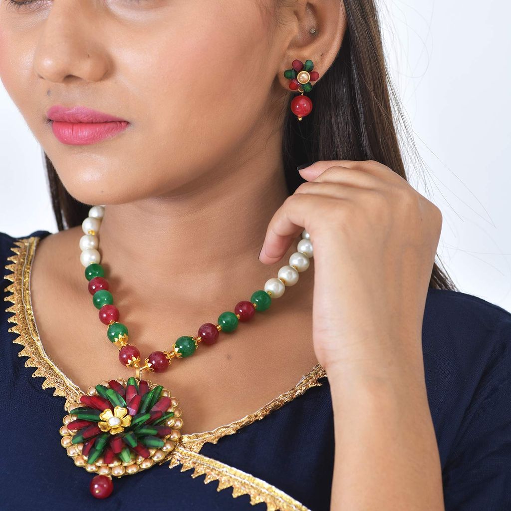 Abhaah kundan Jewelry Rajasthani pachi Flower pendent Necklace and Stud Earrings Green Onyx Beads Stone Jewellery Set for Women