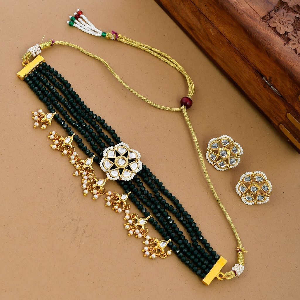 Abhaah Gold Plated Kundan Pearl Fancy Green Choker Necklace Set Traditional Jewellery Set with Earrings for Women & Girls