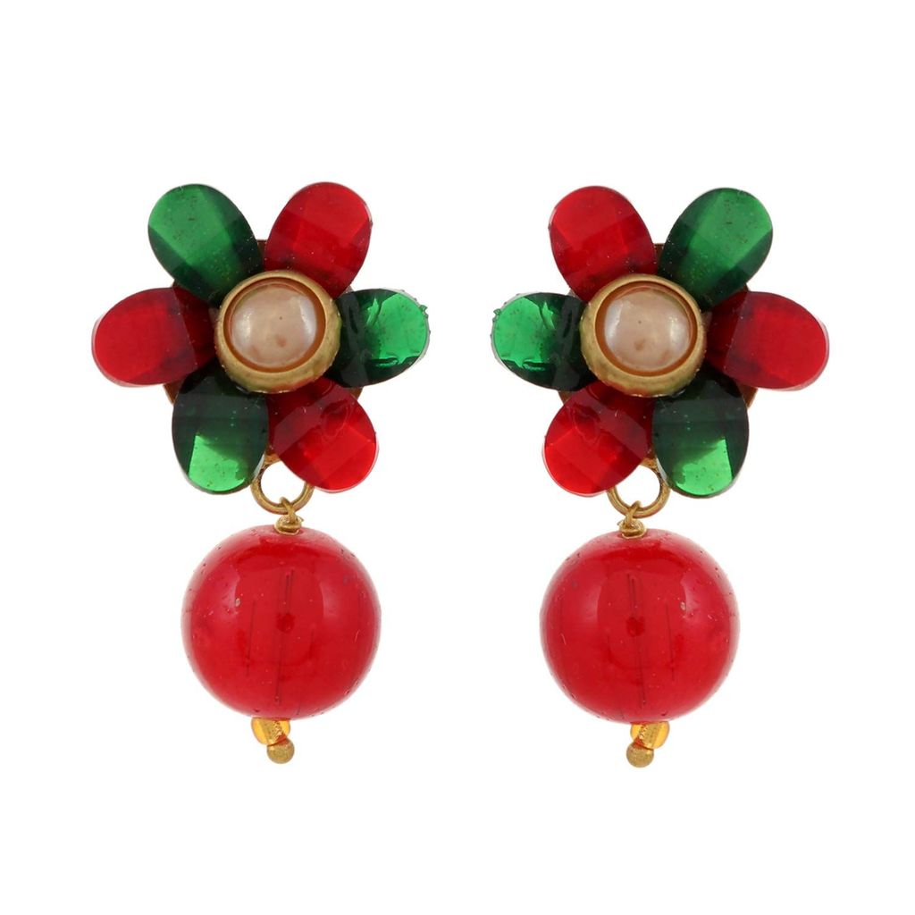 Abhaah kundan Jewelry Rajasthani pachi Flower pendent Necklace and Stud Earrings Green Onyx Beads Stone Jewellery Set for Women