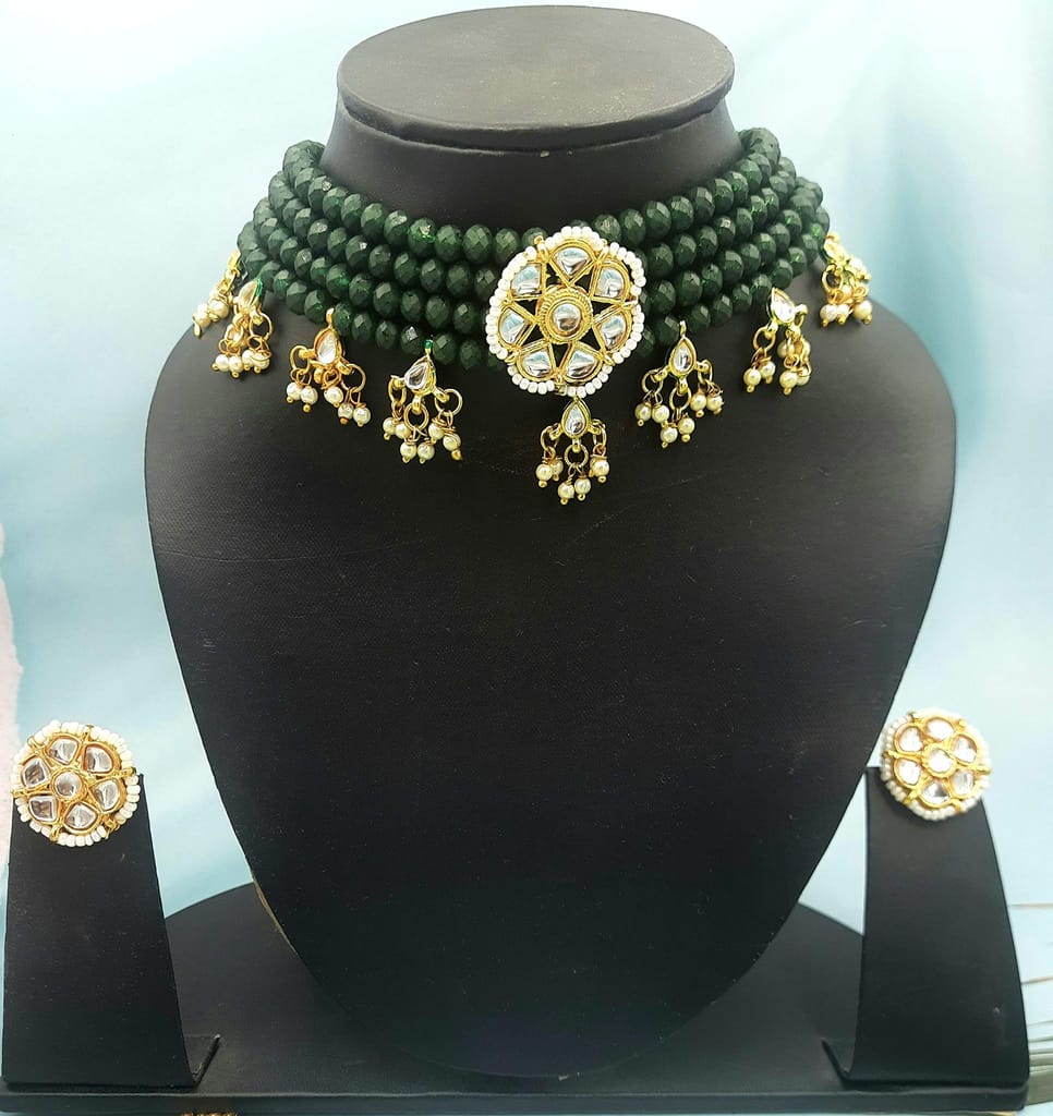 Abhaah Gold Plated Kundan Pearl Fancy Green Choker Necklace Set Traditional Jewellery Set with Earrings for Women & Girls