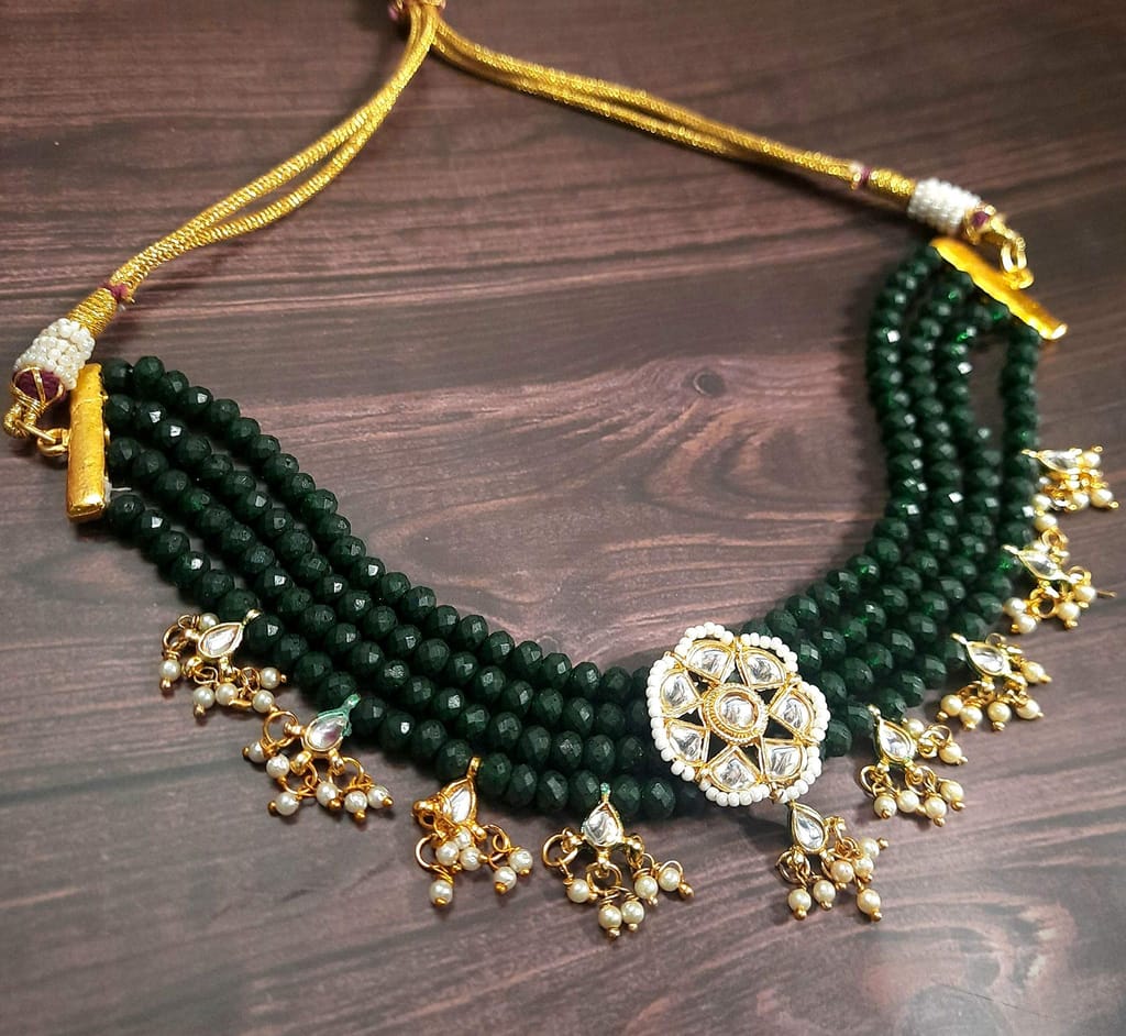 Abhaah Gold Plated Kundan Pearl Fancy Green Choker Necklace Set Traditional Jewellery Set with Earrings for Women & Girls