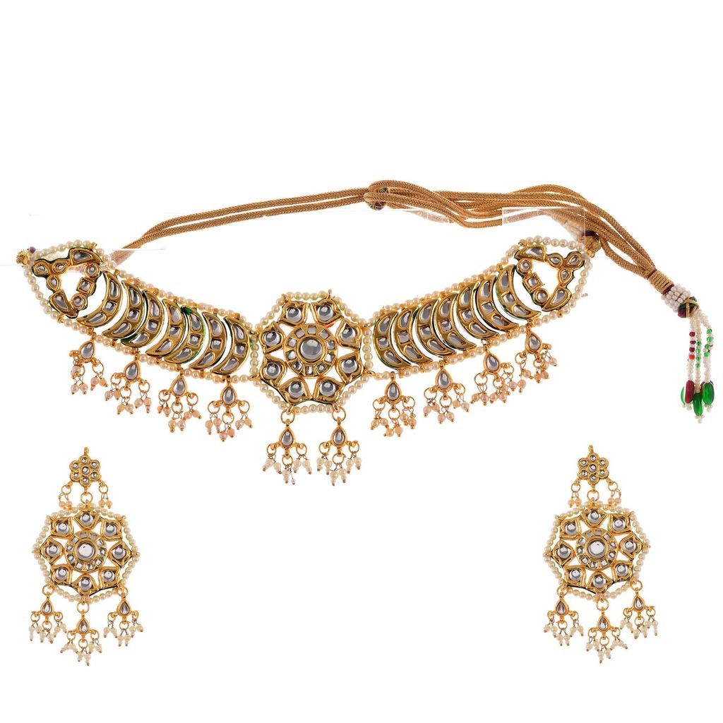 Abhaah Gold Plated Kundan Pearl Fancy Choker Necklace Set Traditional Jewellery Set with Earrings for Women & Girls
