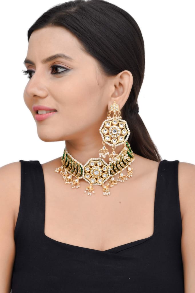 Abhaah Gold Plated Kundan Pearl Fancy Choker Necklace Set Traditional Jewellery Set with Earrings for Women & Girls